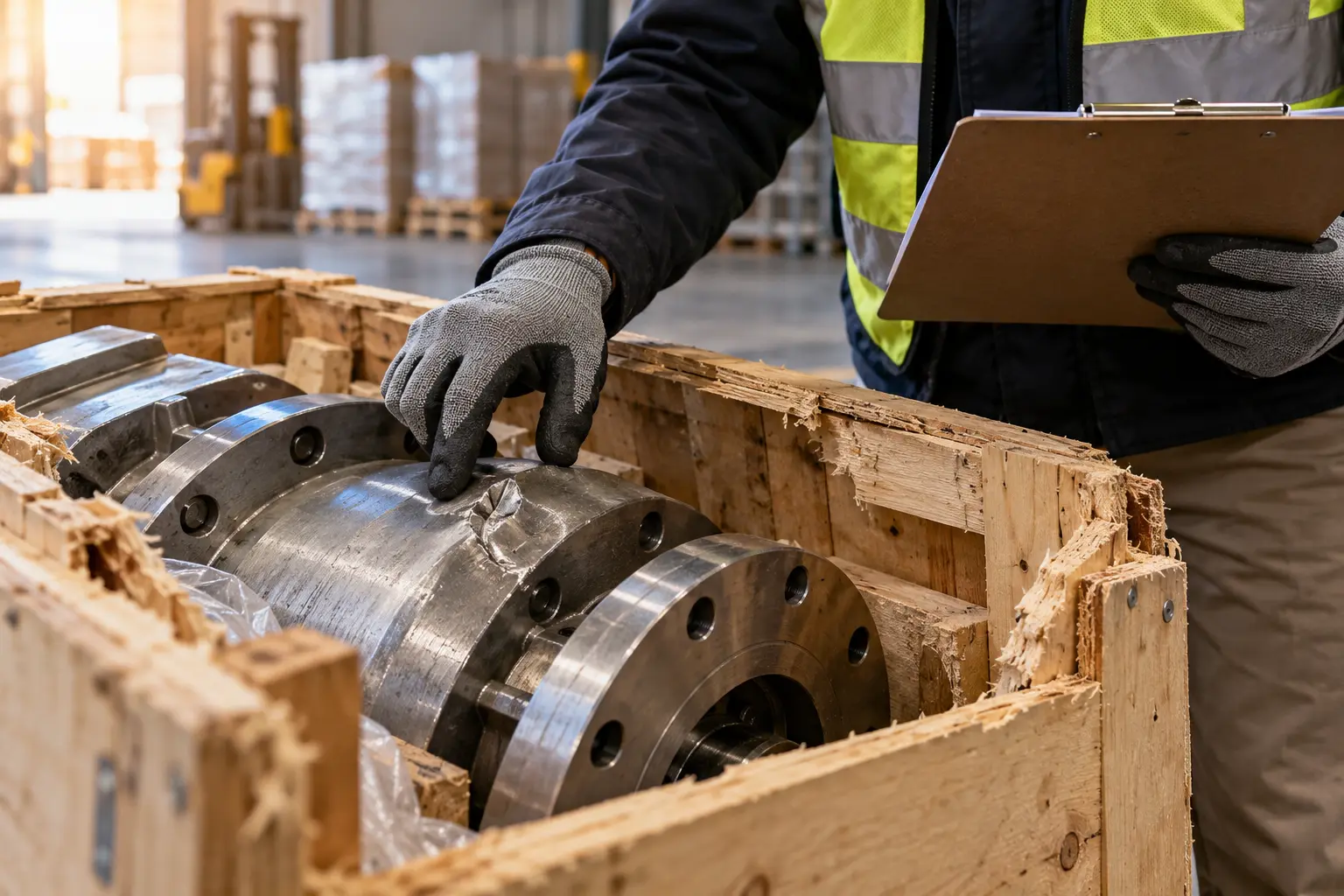 Hands documenting damage to crated commercial goods during an inspection