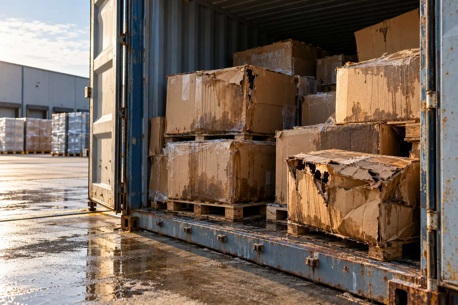 Water-damaged cartons and pallets at an open shipping container