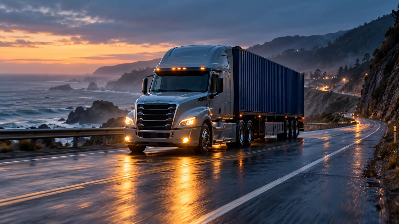 Container truck on a coastal highway at blue hour